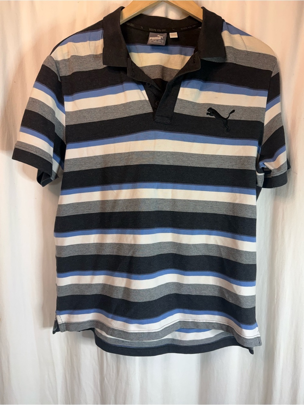 Puma Black, Gray, White & Blue Striped Polo Shirt